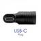 Ein schwarzer USB-C-Stecker wird seitlich dargestellt, darunter der Text 'USB-C Plug'.