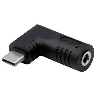Schwarzer rechtwinkliger Adapter; eine Seite USB-C-Stecker, andere Seite 3,5-mm-Audio-Buchse. Zum Anschluss von Kopfhörern an USB-C-Geräte.