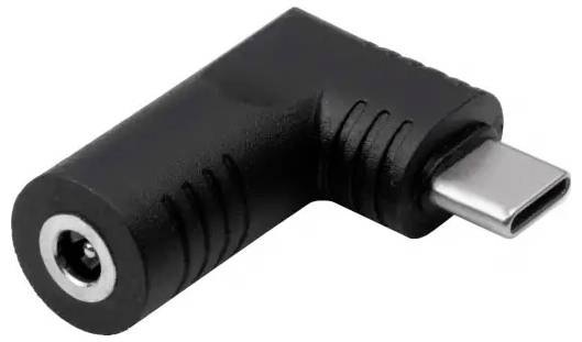 Adapter: Schwarzer Winkeladapter mit USB-C-Stecker und Rundbuchse. Geeignet für Verbindung von Geräten mit unterschiedlichen Anschlüssen.