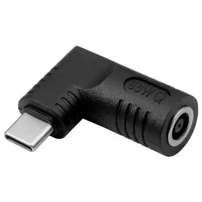'Ein schwarzer USB-C auf DC-Stromadapter, 65W, L-förmig, mit gerippter Oberfläche für besseren Halt.'