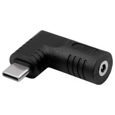 USB-C-Adapter in L-Form, schwarz, mit Beschriftung '65W' auf der Oberseite.