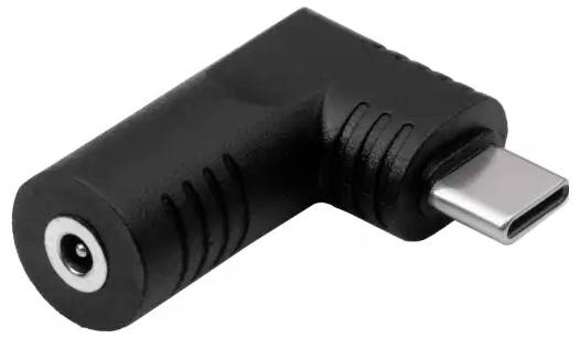 Abgewinkelter USB-C-Adapter mit einem runden Anschluss, ermöglicht die Verbindung von USB-C-Kabeln in engen Räumen.