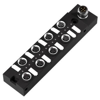 Ein schwarzer elektrischer Anschlussblock mit neun runden Anschlussbuchsen, geeignet für industrielle Anwendungen.