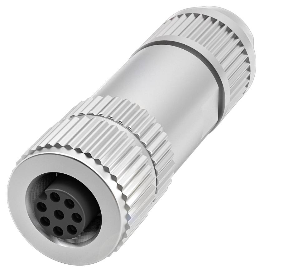 Metallischer Steckverbinder mit geriffelter Oberfläche und mehreren Anschlusspins, verwendbar in elektrischen Geräten zur Datenübertragung.