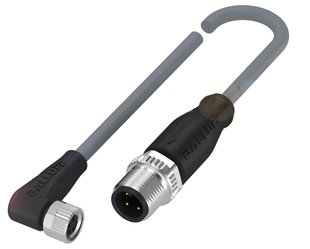Ein M12-Steckverbinder mit abgewinkeltem Kabel; geeignet für industrielle Anwendungen zur Signalübertragung zwischen Geräten.