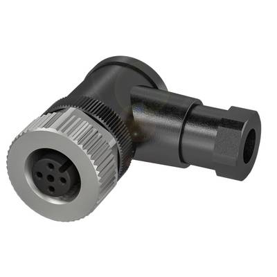 Ein Winkelstecker mit einem metallischen Gewinde und vier Steckplätzen. Geeignet für industrielle Anwendungen mit robuster Bauweise.