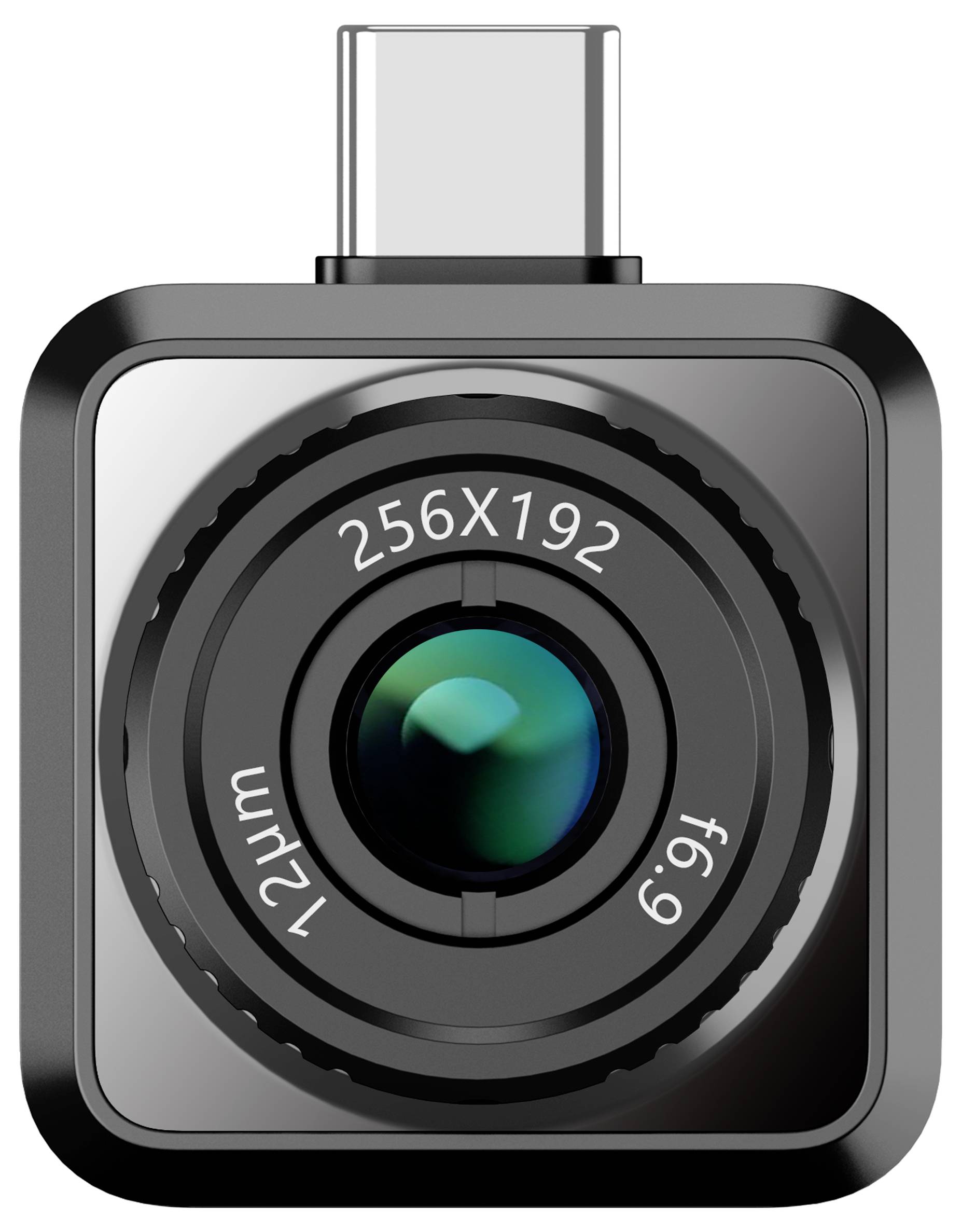 Kompakte USB-C-Kamera mit schwarzem Gehäuse und Objektivaufschrift.