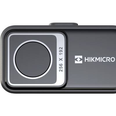 Nahaufnahme einer grauen Kamera mit der Aufschrift '256 x 192' neben der Linse und dem Logo 'Hikmicro' auf der rechten Seite.