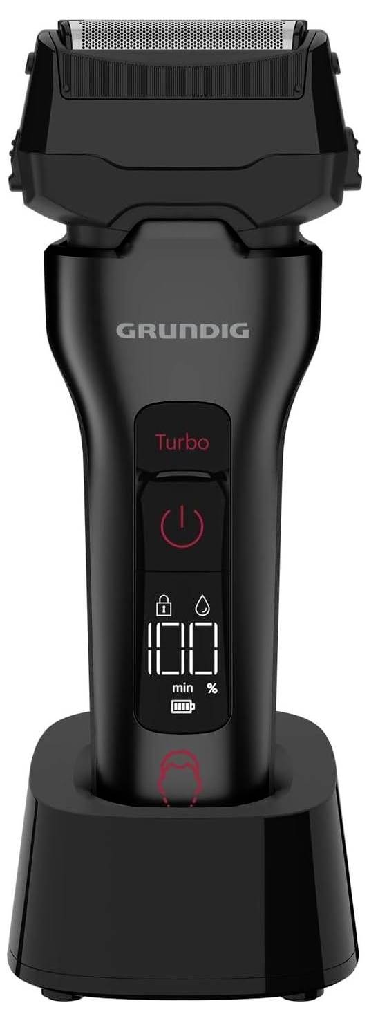 Elektrischer Rasierer von Grundig, schwarz, mit Ladestation. Zeigt ein digitales Display mit Symbolen für Akkuanzeige und 'Turbo'-Funktion.