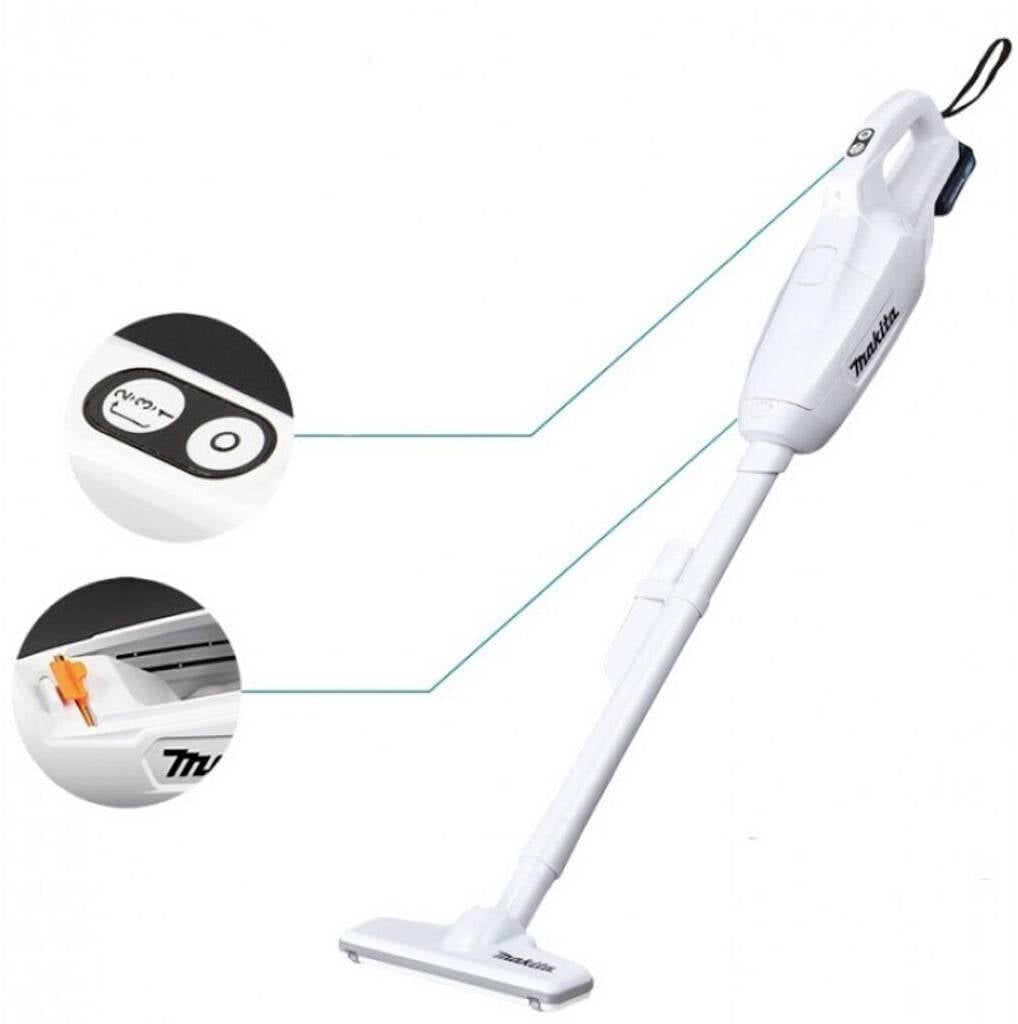 Kabelloser weißer Staubsauger, vertikal stehend, mit zwei Detailabbildungen: ein Ein-/Ausschalter und ein Orangenverschluss am Filter.