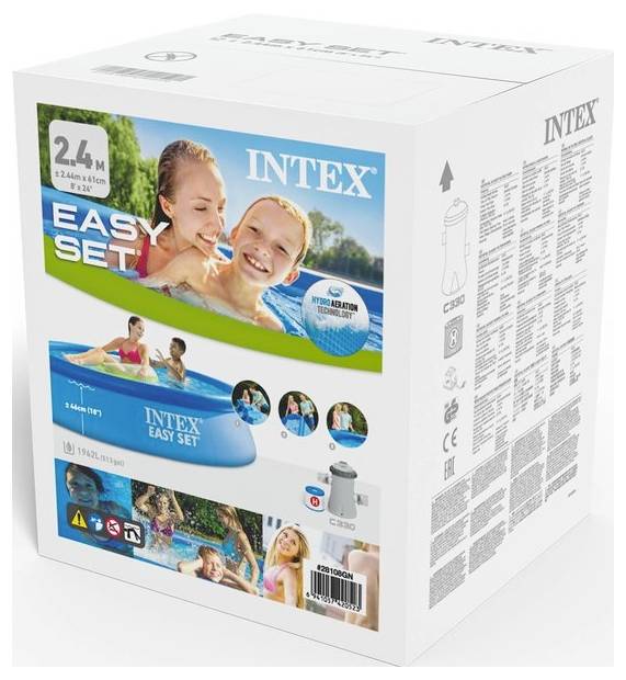 Verpackung eines aufblasbaren Pools mit Kindern, die im Wasser schwimmen, Abmessungen 244x61 cm, Marke Intex, für Kinder ab 2 Jahren.