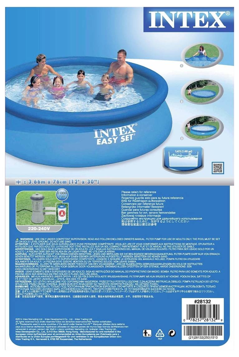 'Intex Easy Set Pool', zeigt Familie im Pool, einfache Installation mit Pumpe. Größen- und Sicherheitsinformationen enthalten.