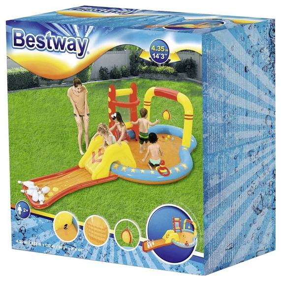 'Verpackung von Bestway aufblasbarem Kinder-Wasserpark mit Rutsche und Sprühfunktion. Geeignet für Kinder ab 2 Jahren, Maße 4,35m/14ft 3in.'