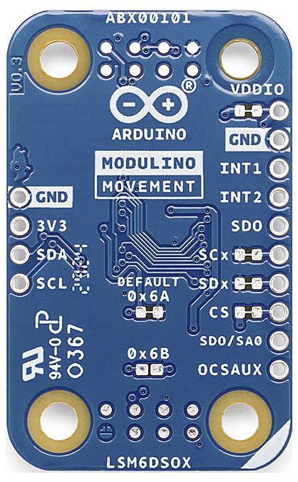 Ein blaues Arduino-Modul für Bewegungssensorik, beschriftet mit 'MODULINO MOVEMENT', zeigt Anschlüsse und Schaltkreise.