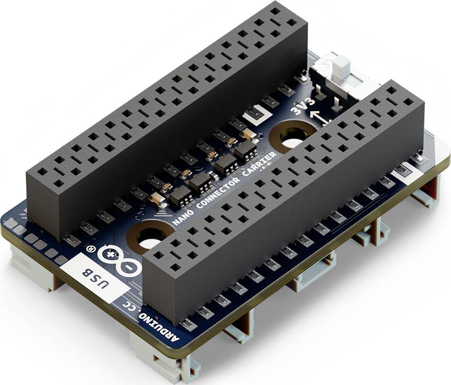 Ein Arduino Nano Connector Carrier mit Anschlüssen und USB-Port. Dieses Board erweitert die Anschlussmöglichkeiten eines Arduino Nano.