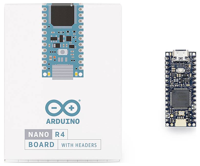 Arduino Nano R4 Board mit Verpackung. Die Verpackung zeigt eine Abbildung der Platine, die rechts daneben positioniert ist.
