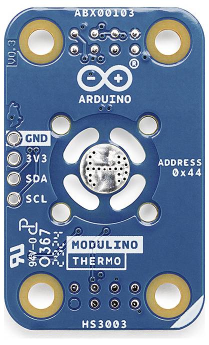 Arduino-Temperatursensor-Platine mit Anschlüssen und Beschriftungen. Zentraler Sensorbereich, vier Befestigungslöcher.
