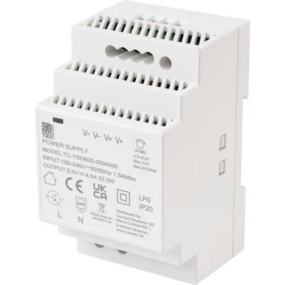 Ein weißes geschlossenes elektronisches Netzteilmodul, beschriftet mit 'POWER SUPPLY' mit Spezifikationen einschließlich Eingangs- und Ausgangsspannung und -strom.