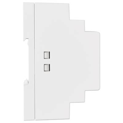 Ein weißes, rechteckiges elektronisches Gerät, das zur Wandmontage konzipiert ist und zwei kleine Tasten an der Seite aufweist.