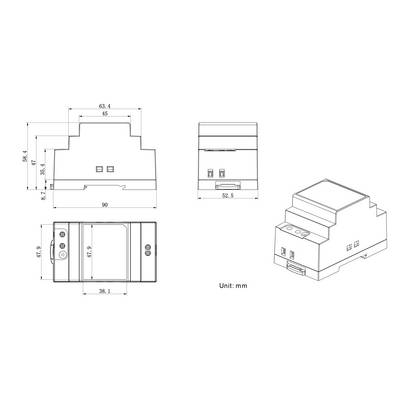 'Abmessungen und Ansichten eines modularen Geräts in Millimetern, einschließlich Vorder-, Seiten- und Draufsicht. Wichtige Maßangaben sind beschriftet.'