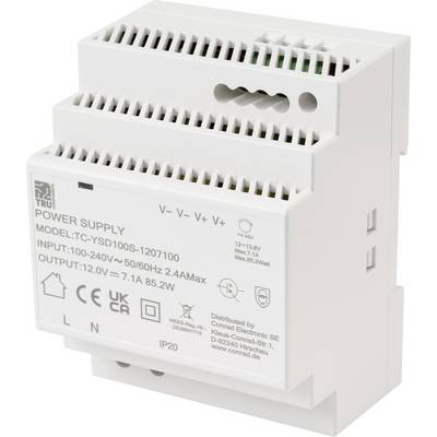Ein weißes elektronisches Netzteil mit der Bezeichnung 'Model: TC-YSD100S-1207100', mit Eingangsspannungen von 100-240V und Ausgangswerten von 12V, 7,1A.