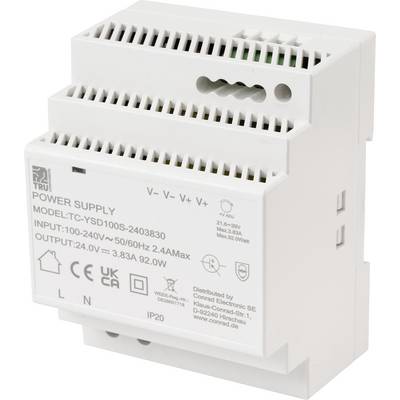 'Netzteil', Modell TC-YSD100S-2403830, Eingangsspannung 100-240V, Ausgangsspannung 24V, 3,83A. Weißes Gehäuse mit technischen Symbolen und Beschriftungen.