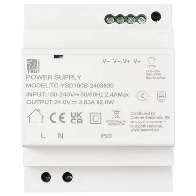 Ein elektronisches Netzteil mit Modell 'TC-YSD100S-2403830', Eingangsspannung 100-240V, Ausgangsspannung 24,0V, maximaler Strom 3,83A, 92W.