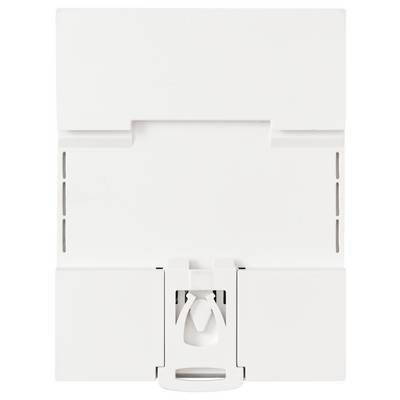 Ein weißes, wandmontiertes elektronisches Gerät mit einer Frontplatte in rechteckiger Form und einer zentralen Scharnierstelle, möglicherweise eine Abdeckung oder ein Zugangspanel.