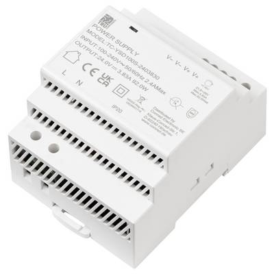 Ein weißes Plastiknetzteil mit der Beschriftung "Model: T30VD1.050", versehen mit Spannungsspezifikationen und Konformitätslogos, ausgestattet mit mehreren Eingabe-/Ausgangsklemmen.