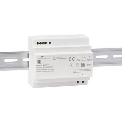 Ein weißes Netzteil mit der Bezeichnung Traco Power, Modell TLY 15DIN, Eingangsspannung 230-240V, Ausgangsspannung 24V. Symbole weisen auf Spannungswarnungen hin.