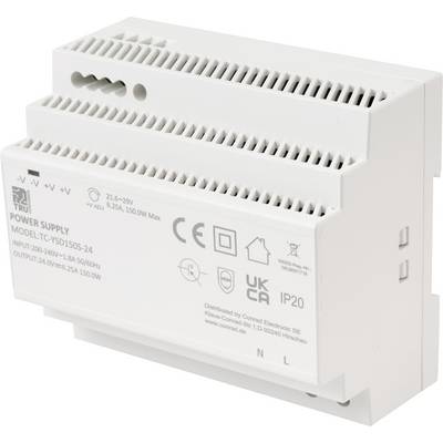 Ein weißes elektronisches Gerät mit der Bezeichnung 'Power Supply Model TLYCBYDS150S-24', das verschiedene elektrische Nennwerte und Zertifizierungssymbole zeigt.