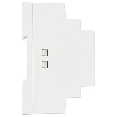 Eine rechteckige weiße elektrische Komponente mit zwei kleinen quadratischen Ausschnitten, von der Seite betrachtet.