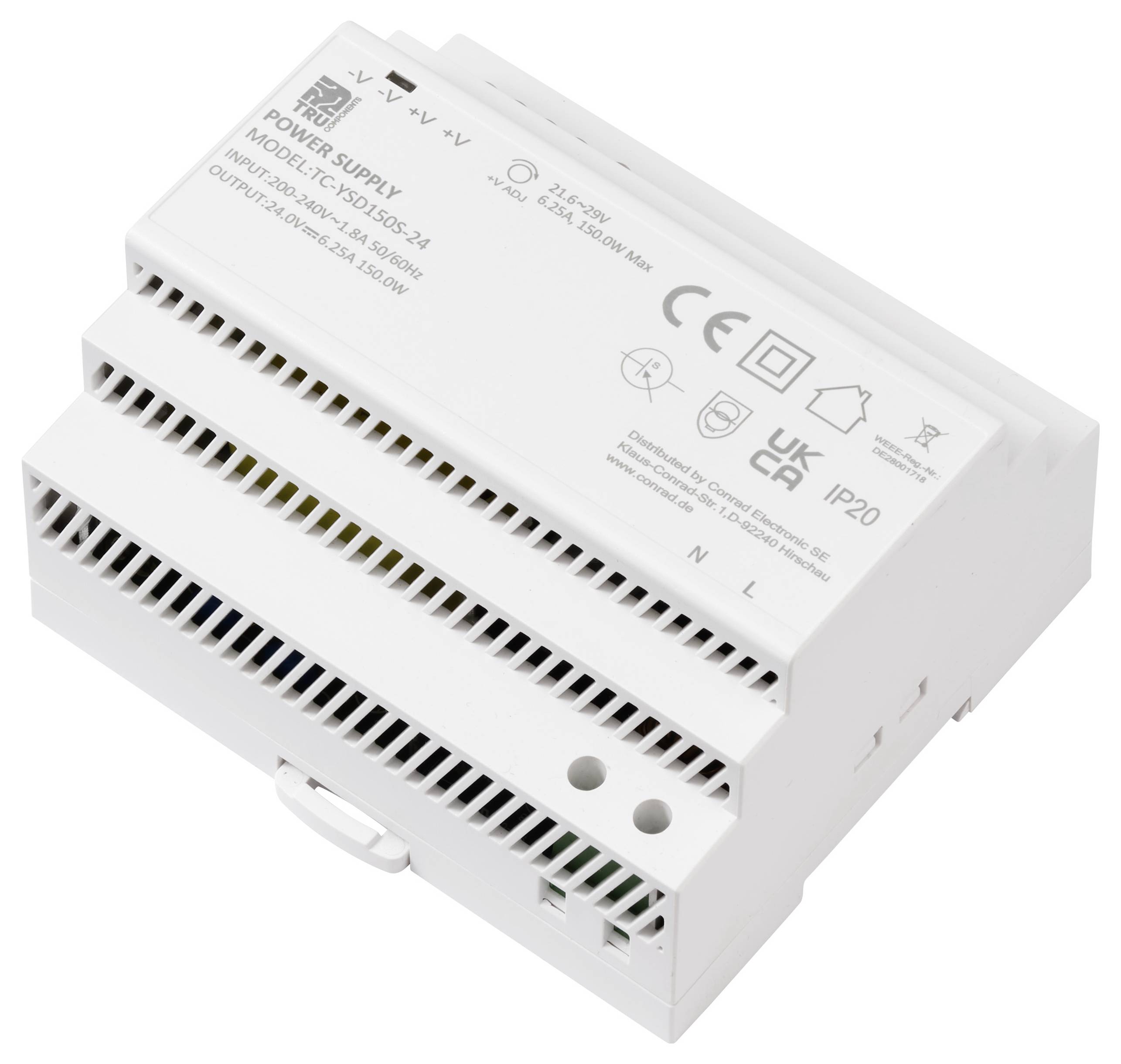 Eine Nahaufnahme eines weißen Netzteilgeräts, Modell LYCPS-150S-24, mit Sicherheitszertifizierungslogos und technischen Spezifikationen auf seiner Oberfläche.