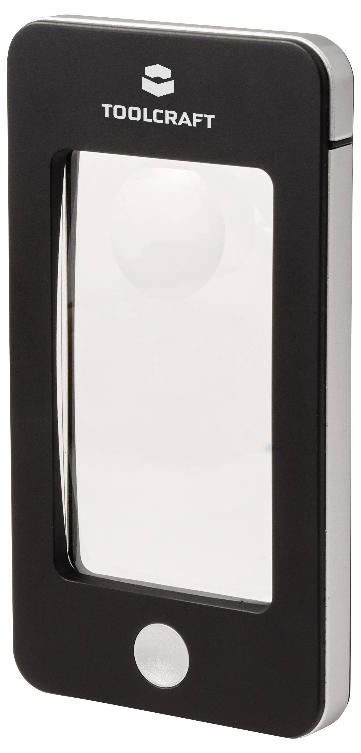 Eine schwarze rechteckige LED-Lupe mit 'Toolcraft'-Branding auf der Oberseite, ausgestattet mit einem kreisförmigen Lichtschalter am unteren Ende.