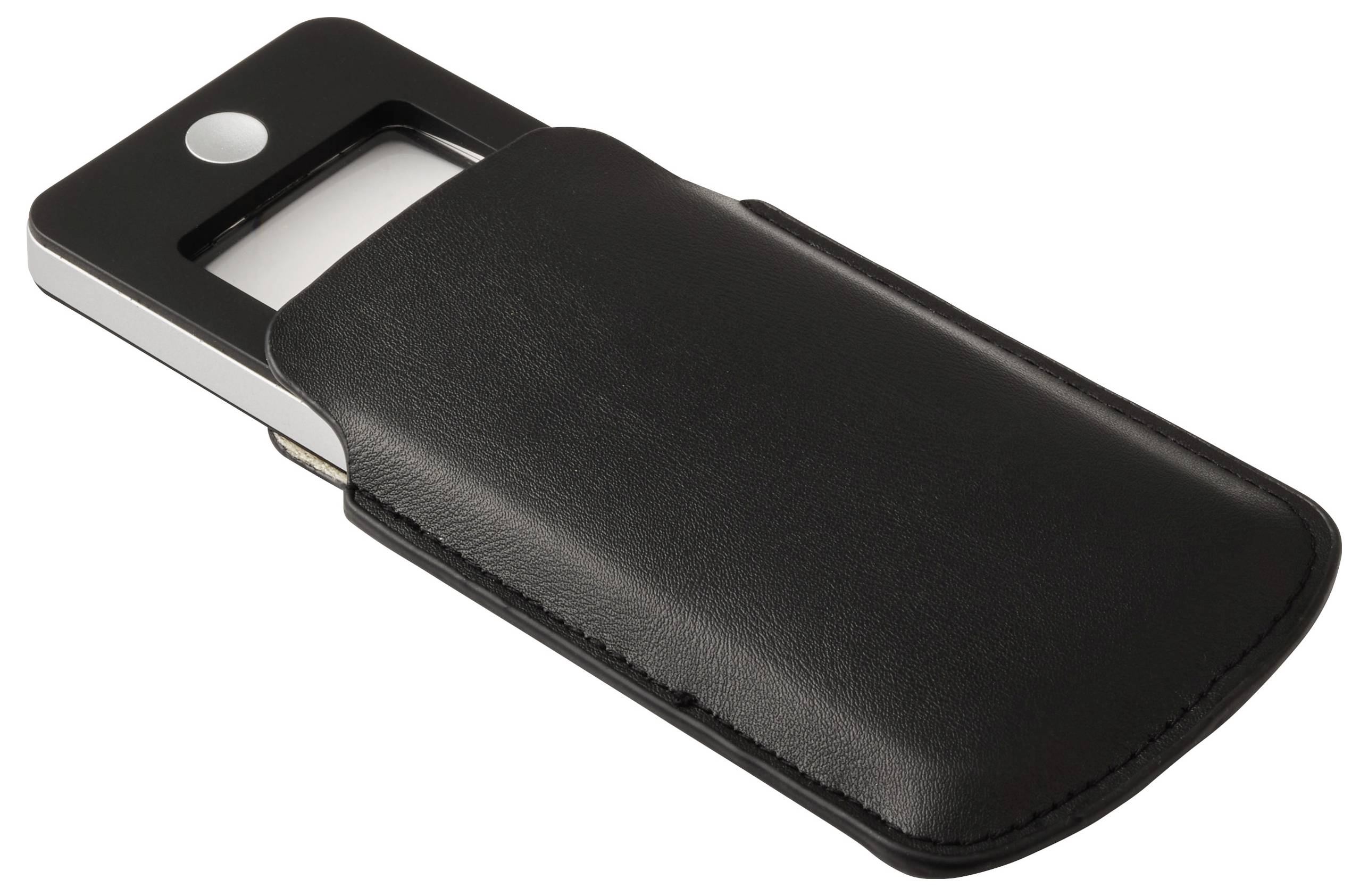 Eine schlanke, schwarze Ledertasche, die einen rechteckigen Kartenleser mit einem runden Knopf teilweise verdeckt, entwickelt für sicheren Transport und Schutz.