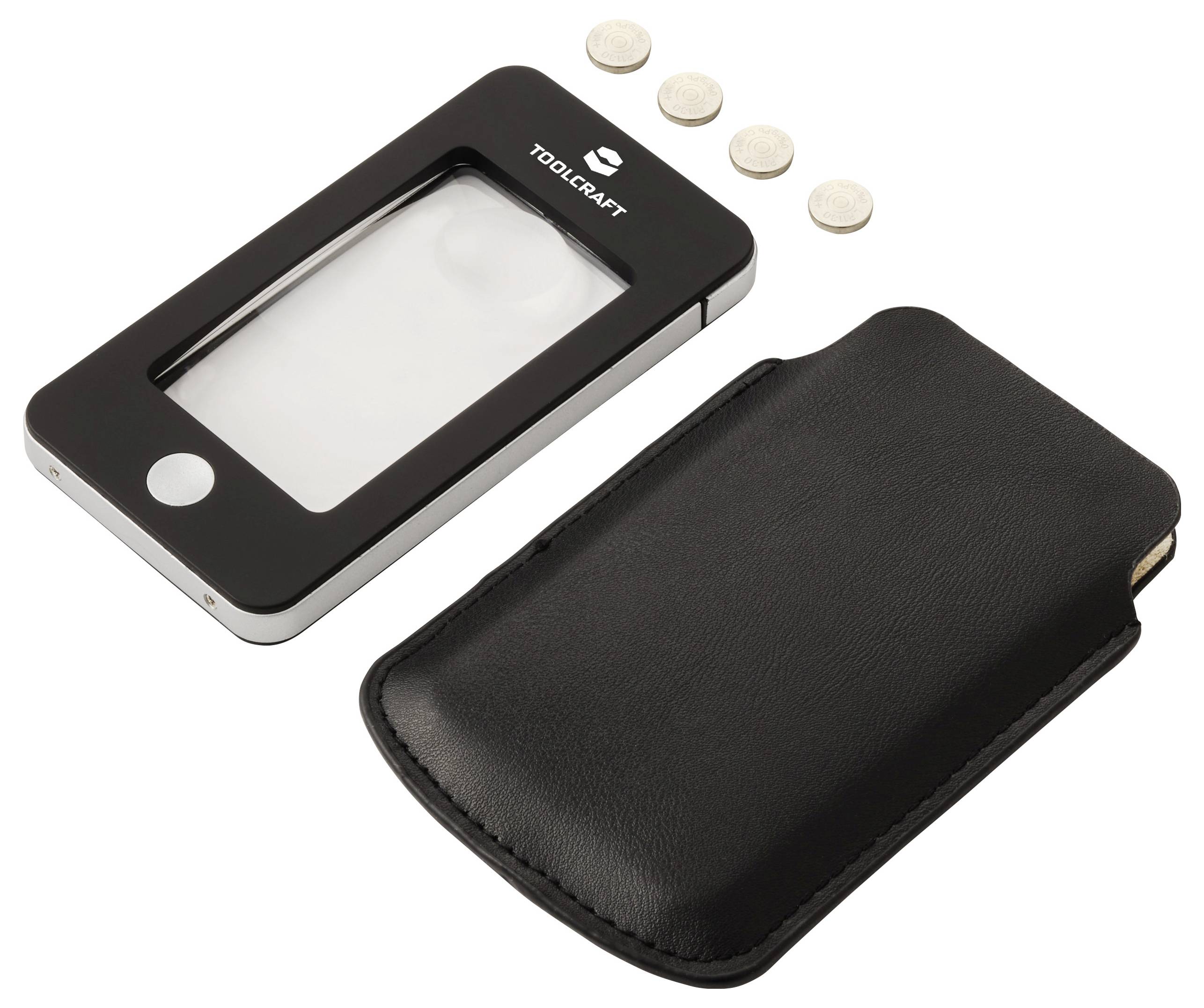 Eine schwarze digitale Lupe mit einer Schutzhülle und vier kleinen Batterien, die darüber angeordnet sind.