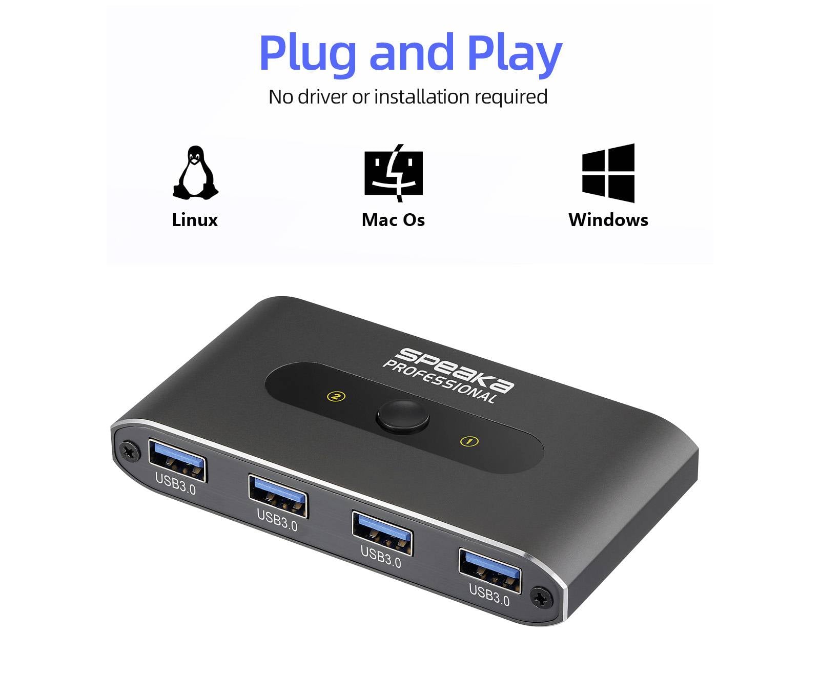 Ein schwarzer USB-Hub mit vier USB-3.0-Anschlüssen. Text darüber liest sich "Plug and Play", kompatibel mit Linux, Mac OS und Windows.