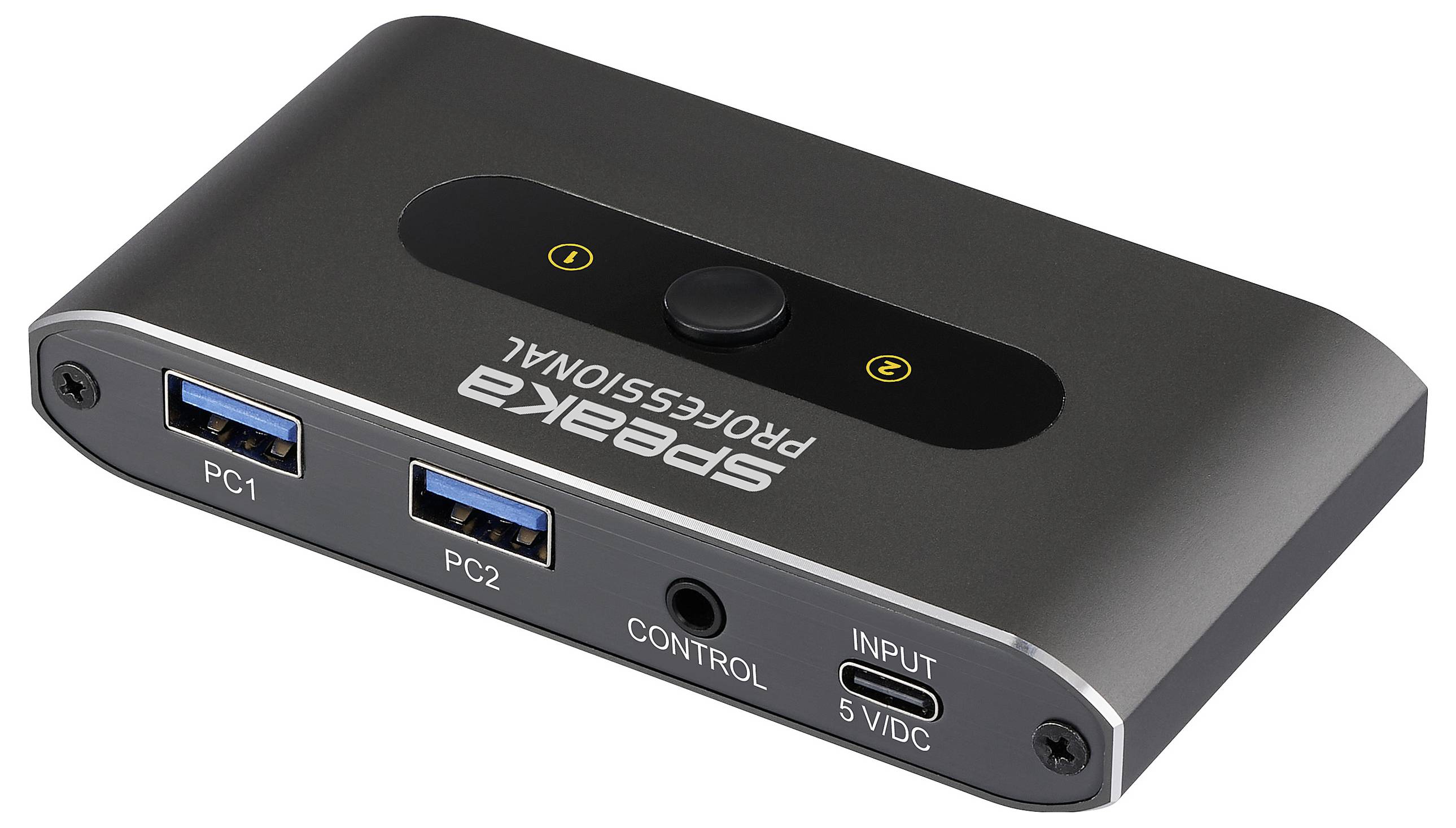 Ein schwarzer USB-Schalter mit zwei USB-A-Anschlüssen, gekennzeichnet mit 'PC1' und 'PC2', einem 'CONTROL'-Anschluss und einem '5V/DC'-Eingang für die Stromversorgung.