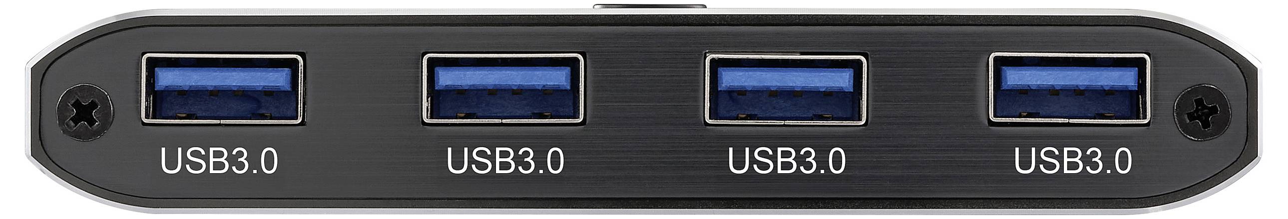 Ein schwarzer USB-Hub mit vier USB-3.0-Anschlüssen, die jeweils mit 'USB3.0' beschriftet und in einer Reihe angeordnet sind.