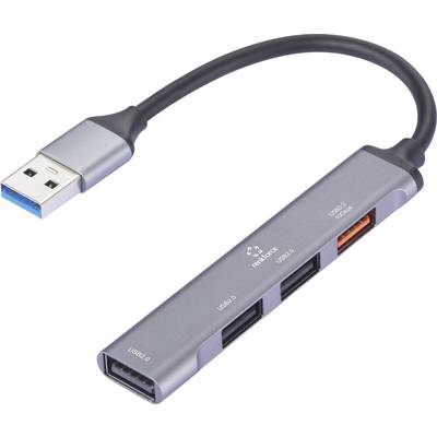 Ein USB-Hub mit einem einzelnen USB-3.0-Anschluss und mehreren Anschlüssen für USB-2.0- und USB-3.0-Geräte sowie einen Kartenleser, der zur Erweiterung der Konnektivität verwendet wird.