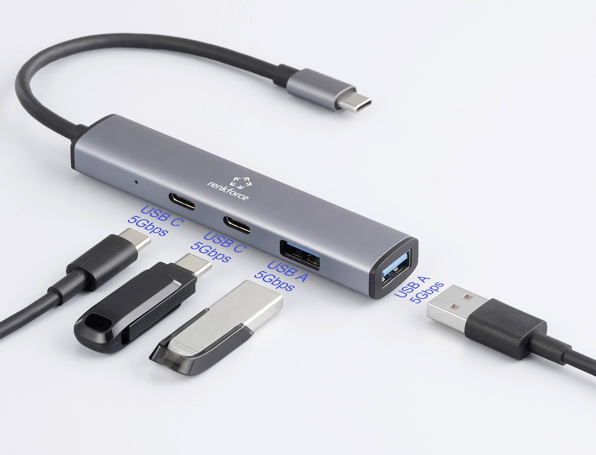 USB-C Hub mit vier Anschlüssen, darunter USB-C und USB-A, jeweils mit der Bezeichnung „5 Gbps", mit vier angeschlossenen Adaptern.