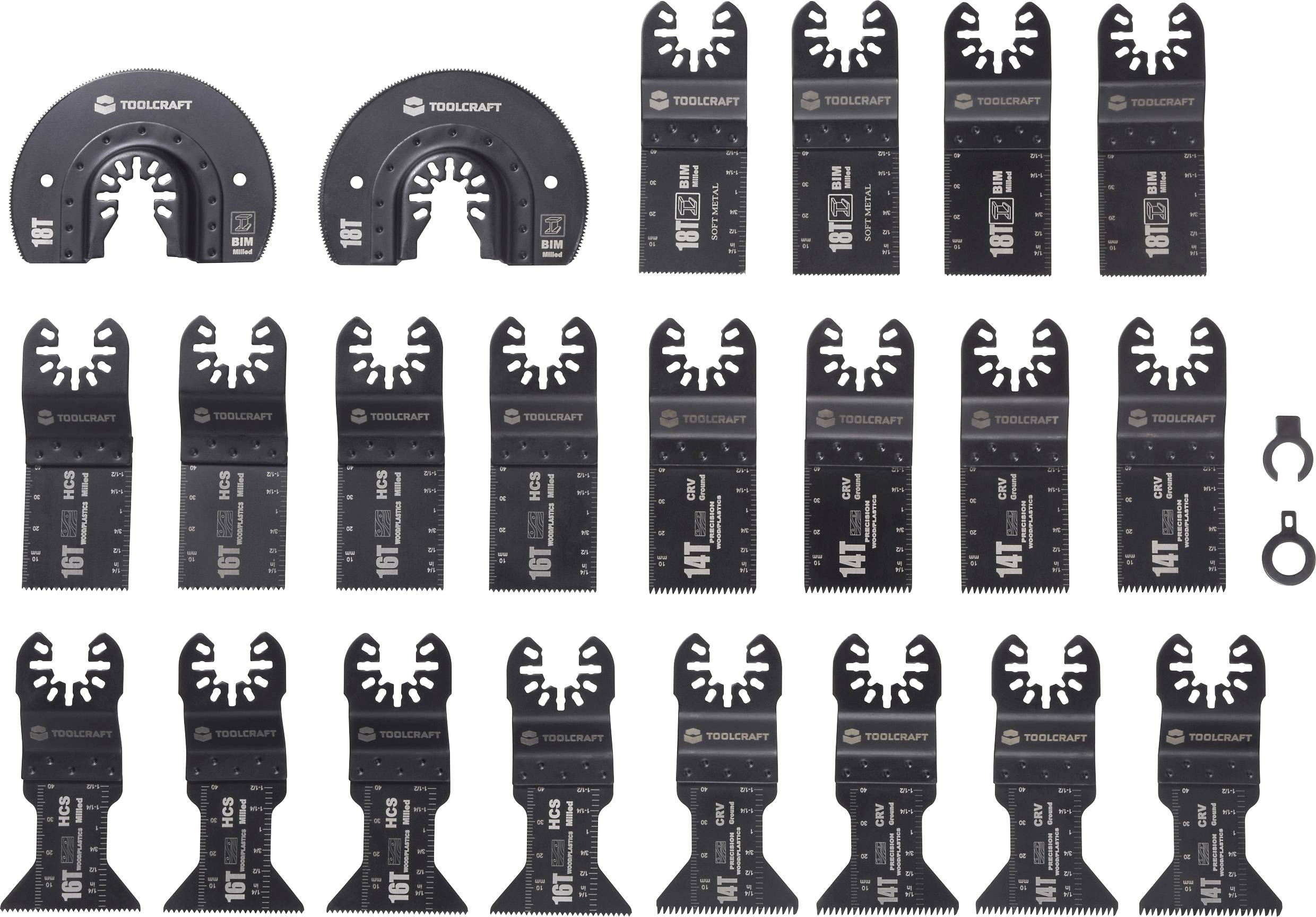Ein Satz von 20 schwarzen oszillierenden Multitools-Sägeblättern mit verschiedenen Zahndesigns und Werkzeuganbindungen, in einem Rastermuster angeordnet.