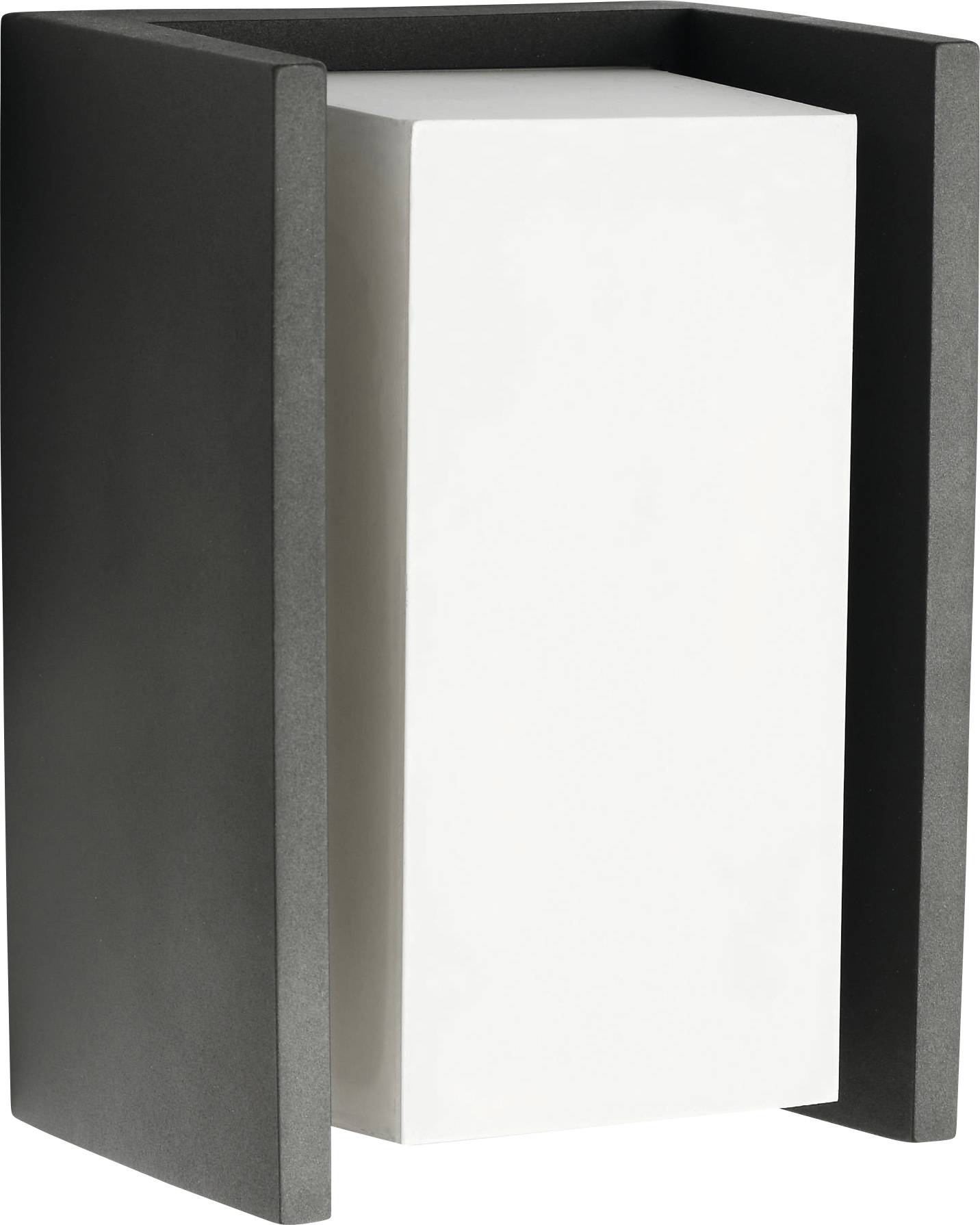 Eine schwarze Wandleuchte mit einem weißen, rechteckigen Mittelteil. Sie hat ein modernes und schlichtes Design.