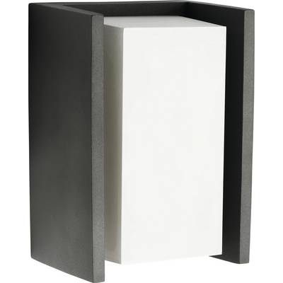 Eine schwarze Wandleuchte mit einem weißen, rechteckigen Mittelteil. Sie hat ein modernes und schlichtes Design.