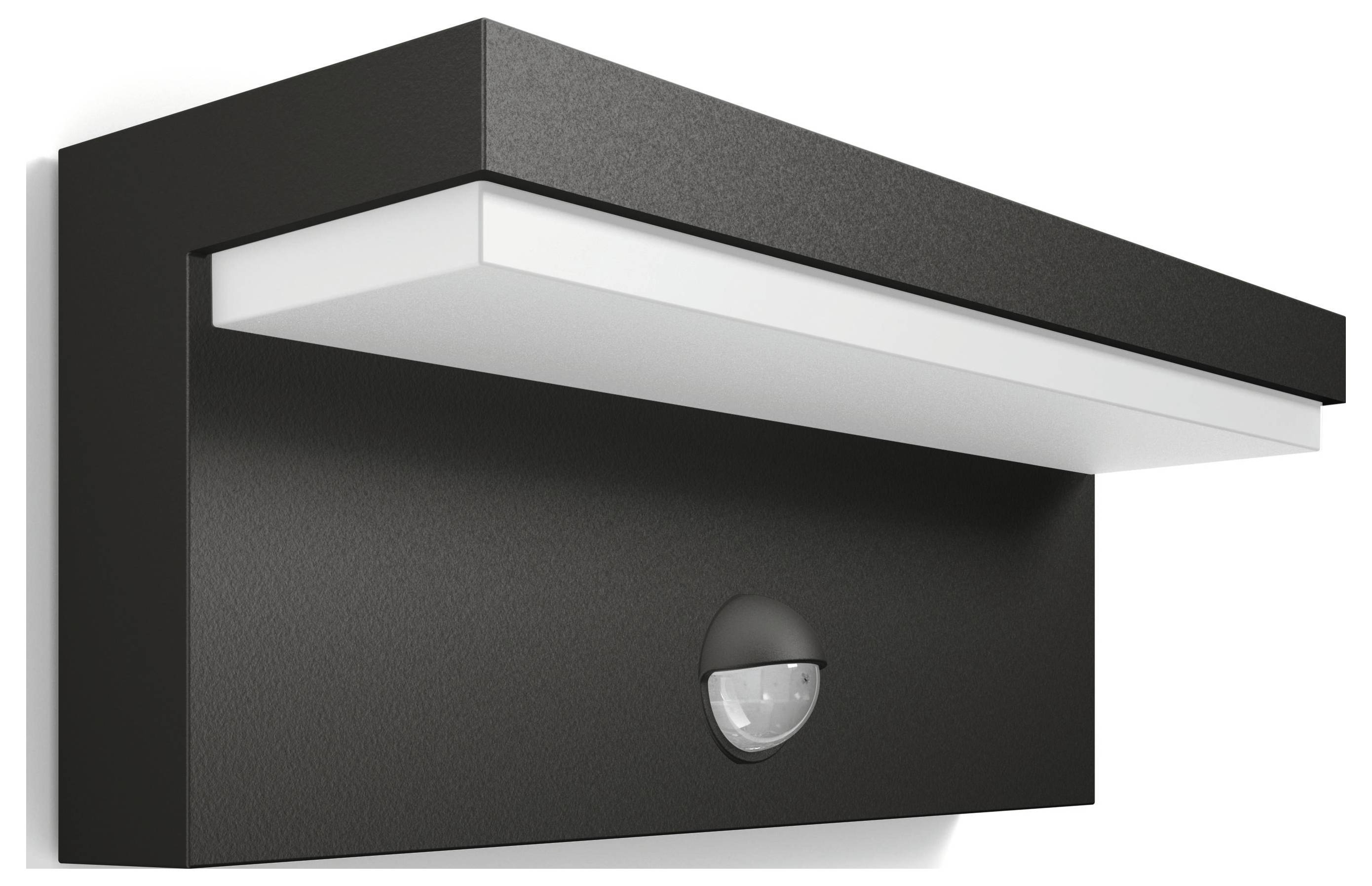 Schwarze Wandleuchte mit rechteckigem Design und integriertem Bewegungssensor.