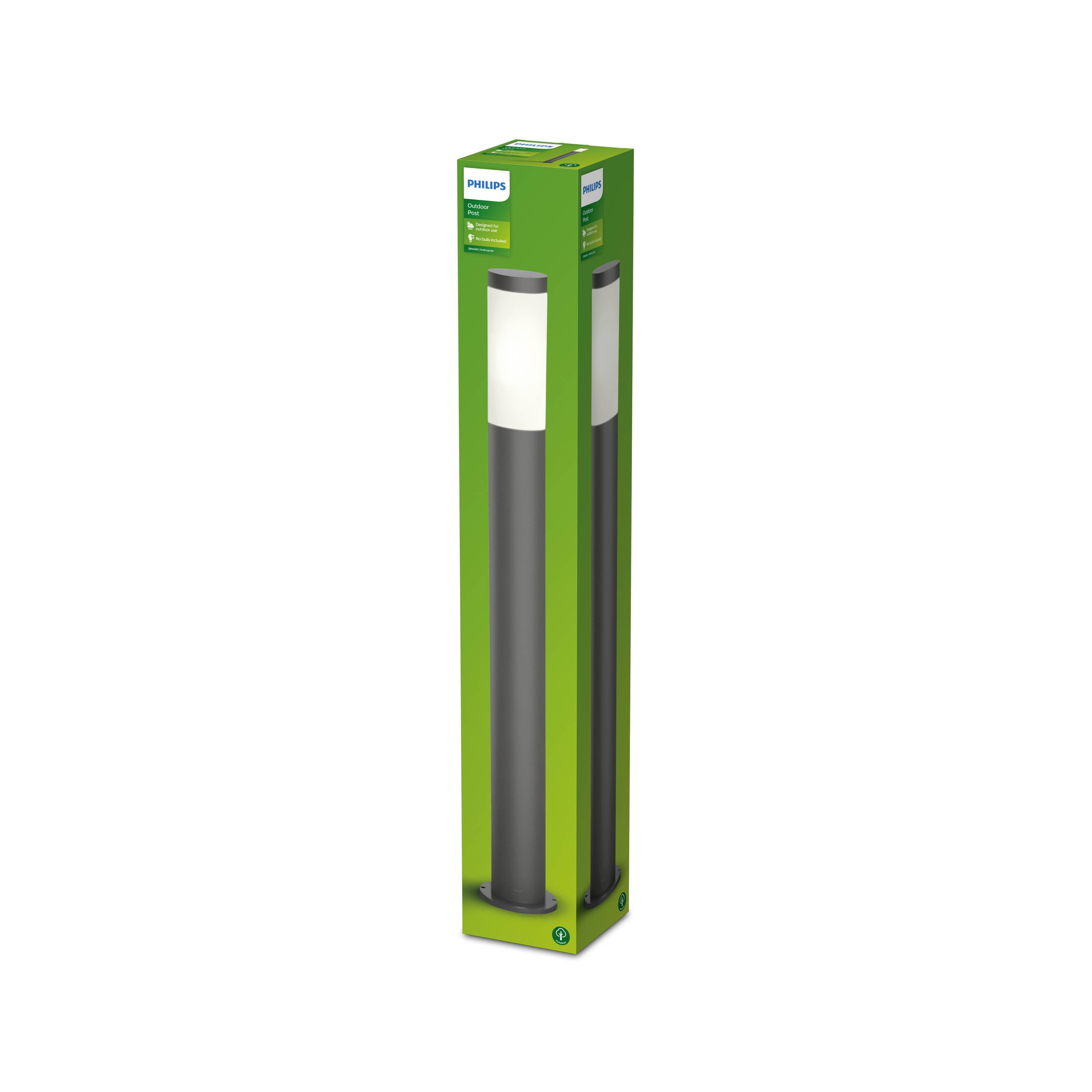 Box einer Philips-Stehlampe mit grünem Hintergrund. Zeigt das Produktbild und Markenname. Verpackung für Gartenbeleuchtung.