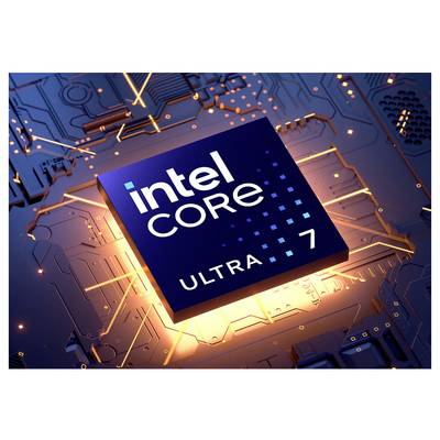 Intel Core Ultra 7 Chip auf einer Leiterplatte, beleuchtet mit orange und blauem Licht, der ein fortschrittliches Technologiedesign hervorhebt.