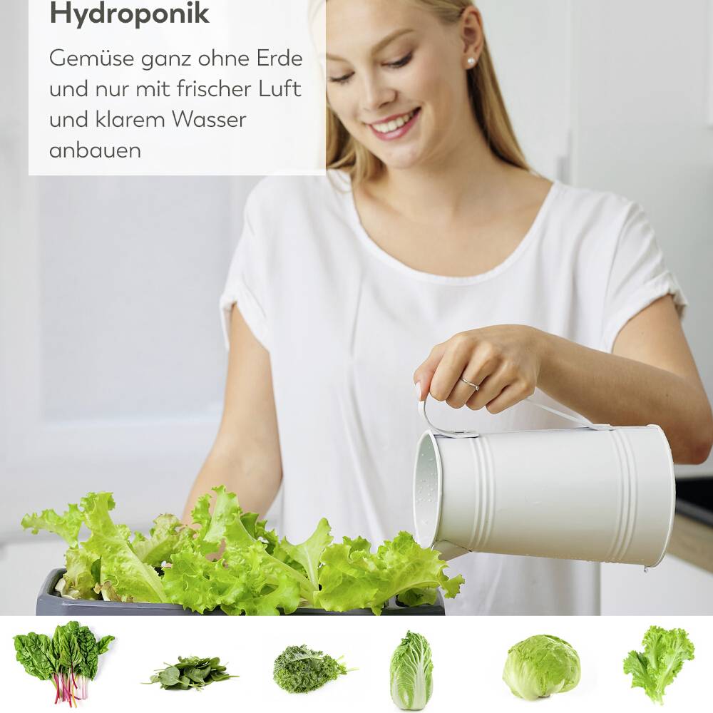 Frau gießt Pflanzen in hydroponischem System. Text: 'Hydroponik - Gemüse ohne Erde in Luft und Wasser'. Verschiedene Gemüsearten unten dargestellt.