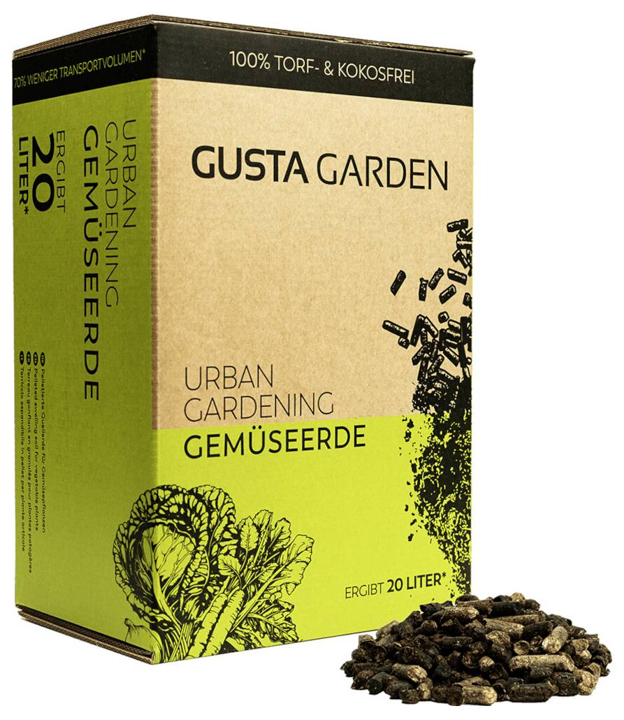 Verpackung "Gusta Garden Urban Gardening Gemüseerde", 20 Liter. Frei von Torf und Kokos. Illustrationen von Gemüseblättern.