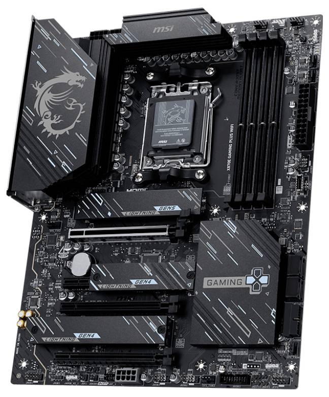 Mainboard mit MSI-Logo, geeignet für Gaming-PCs. Zeigt mehrere RAM-Steckplätze, PCIe-Anschlüsse und typische Mainboard-Komponenten.